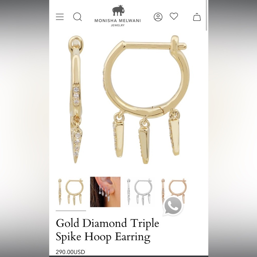 14k Gold Diamond Triple Spike Hoop Earring w/diamonds .07 carats. Single earring